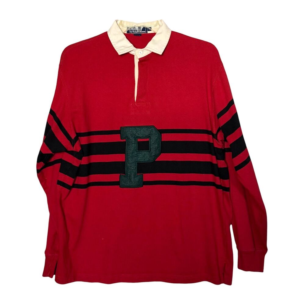 Polo Ralph Lauren Vtg 90s Rugby Shirt Mens M Red P-Wing Letterman Preppy Varsity